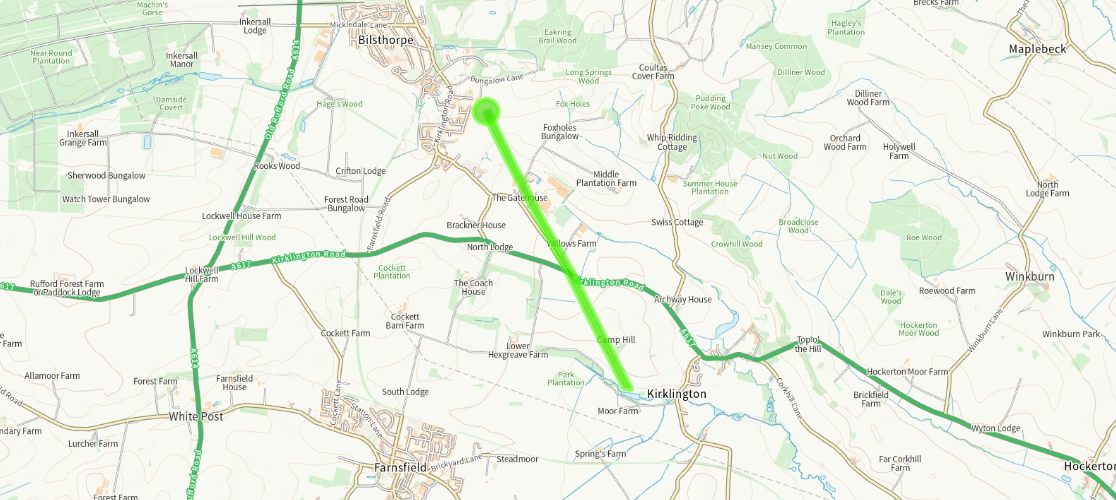 Map of the Roman road stretching from Kirklington to Bilsthorpe